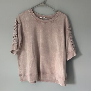 Washed Pink Short Sleeve Crochet-Trim Top L